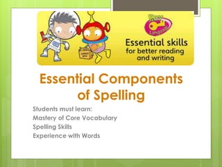 Essential Components
of Spelling
Students must learn:
Mastery of Core Vocabulary
Spelling Skills
Experience with Words
 