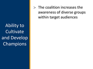 The coalition increases the
awareness of diverse groups
within target audiences

Ability to
Basic
Functioning
Cultivate
an...