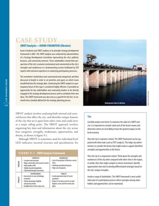 10304-09_CH09.qxd                          6/20/07          3:25 PM           Page 112




                        CASE STUDY
                                     SWOT Analysis—IVANO-FRANKIVSK (Ukraine)
                                     Ivano-Frankivsk used SWOT analysis as its principle strategy development
                                     framework in 2005. The SWOT analysis was conducted by subcommittees
                                     of a Strategy Development Committee representing the city’s political,
                                     business, and community interests. These stakeholders shared their per-
                                     spectives of the city’s economic environment and commented on the city’s
                                     strengths and weaknesses in a brainstorming session facilitated by LED
                                     experts with extensive experience in conducting participatory processes.

                                     The committee’s initial ideas were summarised and categorised, and then
                                     discussed at length in order to set priorities and agree on which issues
   LED RESOURCE GUIDE




                                     should feed into the strategic plan. Conducting the SWOT analysis in a par-
                                     ticipatory forum of this type is considered highly effective. It provided an
                                     opportunity for key stakeholders and community leaders to be directly




                                                                                                                                                                                                         Topham Picture Point/Top Foto
                                     engaged in the strategy development process and to contribute their own
                                     ideas. The SWOT framework was also seen as a good ﬁt for the ﬁve- to six-
                                     month time schedule allotted for the strategic planning process.
                                                                                                                                                     Hydropower dam in Ukraine
   112

                        SWOT analysis involves analysing both internal and exter-
                        nal factors that affect the city, and identiﬁes unique features                                        Tips
                        of the city that set it apart from other cities and could serve                                        Carefully analyse each factor To maximise the value of a SWOT exer-
                        as a major selling point. The SWOT approach involves                                                   cise, it is important to consider what each of the factors means and
                        organising key data and information about the city across                                              determine which are most likely to have the greatest impact on the
                        four categories: strengths, weaknesses, opportunities, and                                             local economy.
                        threats, as shown in ﬁgure 9.1.
                           Although SWOT is sometimes used for individual-level                                                Place the city in a dynamic context. The SWOT framework can be sup-
                        LED indicators (sectoral structure and specialisation, for                                             ported with other tools (such as PEST analysis). This helps city admin-
                                                                                                                               istrators to consider the factors that might erode or support identiﬁed
                                                                                                                               strengths and opportunities in the future.
                              F I G U R E 9 . 1 SWOT Analysis Framework
                                                                                                                               Place the city in a comparative context. Think about the strengths and
                                                        STRENGTHS                                WEAKNESSES
                                       •   Location near key ports                 • Lack of strong base of business service   weaknesses of the city when compared with other cities in the region,
                          INTERNAL




                                       •   Major universities and research centres   firms                                     or similar cities that might compete to attract investment. Identify
                                       •   High quality of life                    • Declining manufacturing base
                                       •   Highly educated population              • High cost of property
                                                                                                                               opportunities that exist to develop differentiated strategies based on
                                       •   Substantial foreign investment                                                      the city’s unique strengths.
                                                    OPPORTUNITIES                                    THREATS
                                       • Investments in new technology              • Continuing brain drain of recent         Involve a range of stakeholders. The SWOT framework is most useful
                          EXTERNAL




                                         incubators                                   graduates
                                       • Taking advantage of global                 • Impact of security concerns on port      when part of a participatory process where synergies among stake-
                                         outsourcing trends                           logistics sector and free trade zone     holders and opportunities can be maximized.
                                       • Establishment of free trade zone             plans
 