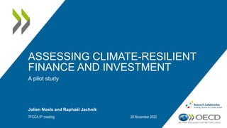 ASSESSING CLIMATE-RESILIENT
FINANCE AND INVESTMENT
A pilot study
Jolien Noels and Raphaël Jachnik
TFCCA 5th meeting 28 November 2022
 