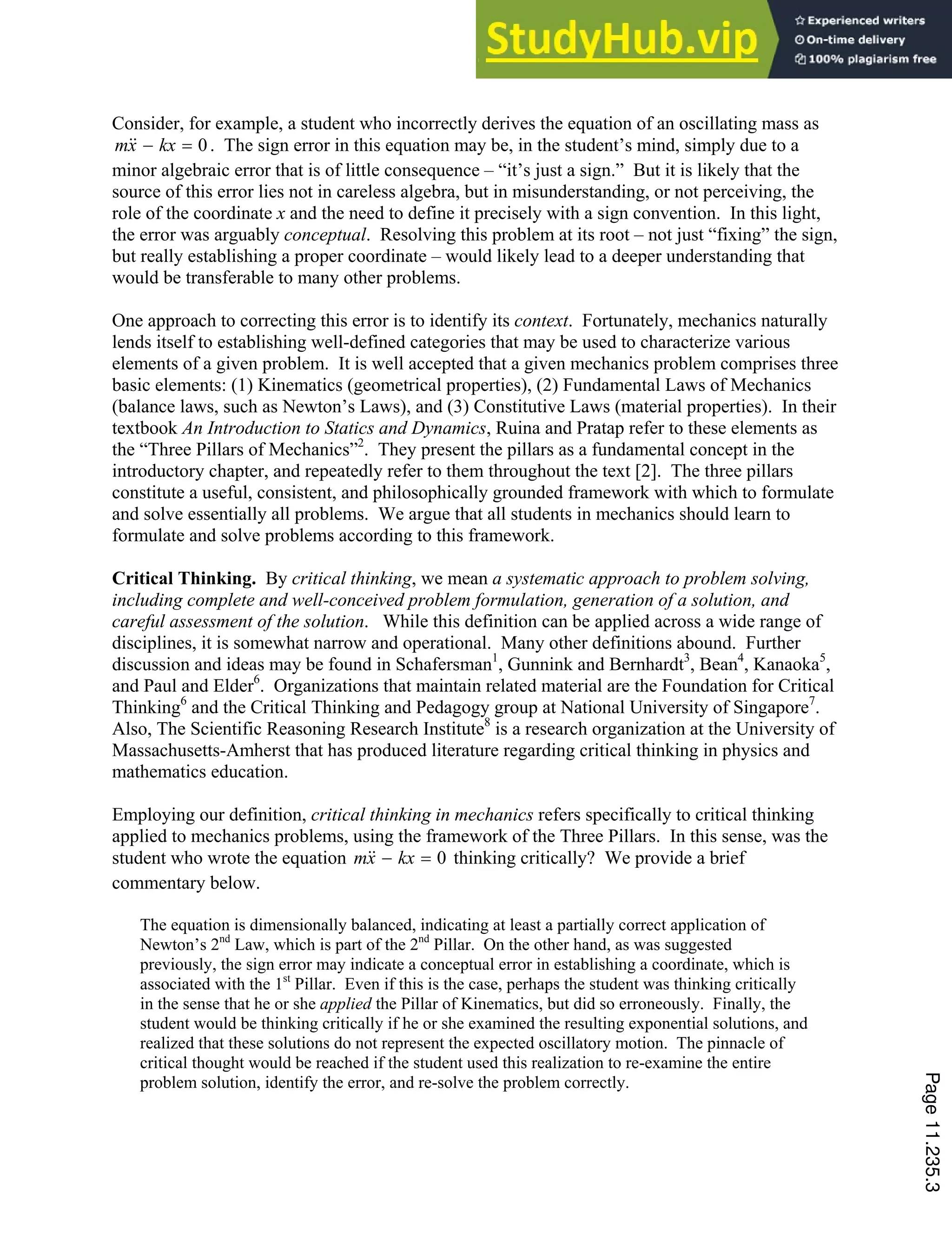 Assessing Critical Thinking In Mechanics In Engineering Education | PDF ...
