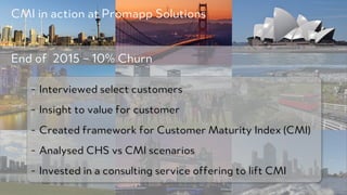 PRODUCED BY
- Interviewed select customers
- Insight to value for customer
- Created framework for Customer Maturity Index (CMI)
- Analysed CHS vs CMI scenarios
- Invested in a consulting service offering to lift CMI
End of 2015 – 10% Churn
CMI in action at Promapp Solutions
 