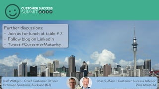 PRODUCED BYRalf Wittgen - Chief Customer Officer
Promapp Solutions, Auckland (NZ)
Boaz S. Maor - Customer Success Advisor
Palo Alto (CA)
Further discussions:
- Join us for lunch at table # 7
- Follow blog on LinkedIn
- Tweet #CustomerMaturity
 