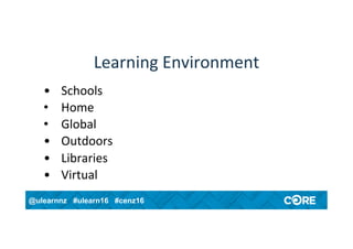 @ulearnnz #ulearn16 #cenz16
Learning	Environment	
•  Schools	
•  Home	
•  Global	
•  Outdoors	
•  Libraries	
•  Virtual	
 
