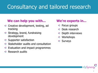 Consultancy and tailored research

We can help you with...               We’re experts in...
Creative development, testing, ad        Focus groups
tracking                                 Desk research
Strategy, brand, fundraising             Depth interviews
development                              Workshops
Supporter satisfaction                   Surveys
Stakeholder audits and consultation
Evaluation and impact programmes
Research audits




                                                            4
 