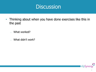 Discussion

• Thinking about when you have done exercises like this in
  the past

   o   What worked?

   o   What didn’t work?




                                                             7
 