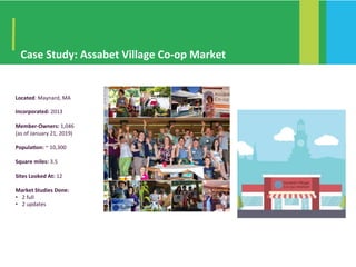 Case	Study:	Assabet	Village	Co-op	Market		
Located:	Maynard,	MA	
	
Incorporated:	2013	
	
Member-Owners:	1,046	
(as	of	January	21,	2019)	
	
PopulaAon:	~	10,300		
	
Square	miles:	3.5	
	
Sites	Looked	At:	12	
	
Market	Studies	Done:		
•  2	full	
•  2	updates		
	
	
	
	
 
