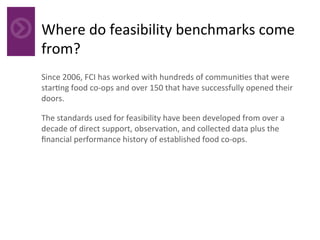 Where	do	feasibility	benchmarks	come	
from?	
	Since	2006,	FCI	has	worked	with	hundreds	of	communi4es	that	were	
star4ng	food	co-ops	and	over	150	that	have	successfully	opened	their	
doors.		
The	standards	used	for	feasibility	have	been	developed	from	over	a	
decade	of	direct	support,	observa4on,	and	collected	data	plus	the	
ﬁnancial	performance	history	of	established	food	co-ops.	
 