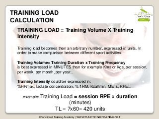 TRAINING LOAD
CALCULATION
TRAINING LOAD = Training Volume X Training
Intensity
Training load becomes then an arbitrary number, expressed in units. In
order to make comparison between different sport activities.
Training Volume= Training Duration x Training Frequency
is best expressed in MINUTES than for example Kms or Kgs, per session,
per week, per month, per year...
Training Intensity could be expressed in:
%HRmax, lactate concentration, % 1RM, Kcal/min, METs, RPE...
©Functional Training Academy | WWW.FUNCTIONALTRAINING.NET
example: Training Load = session RPE x duration
(minutes)
TL = 7x60= 420 units
 