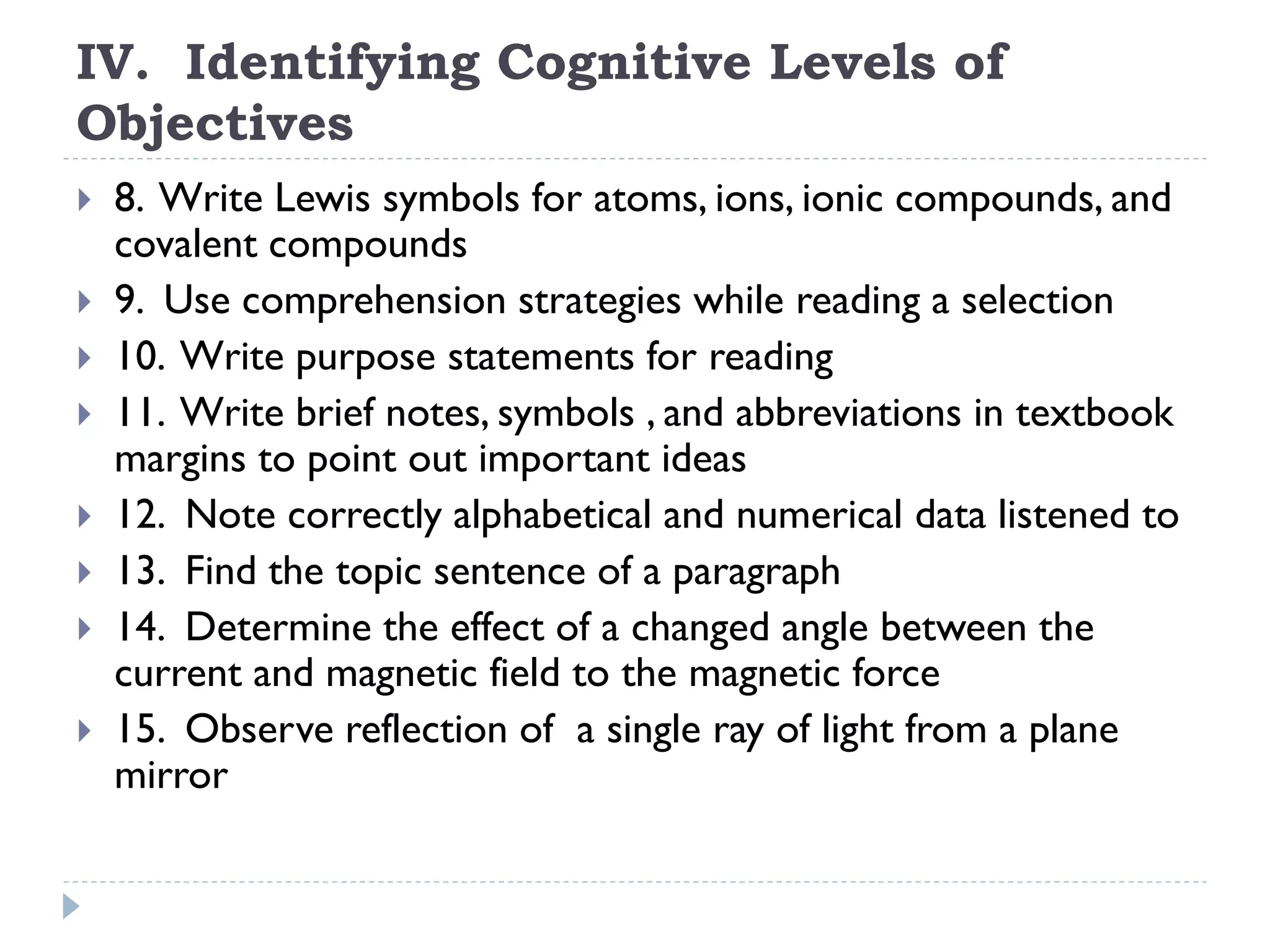 IV. Identifying Cognitive Levels of
Objectives
 8. Write Lewis symbols for atoms, ions, ionic compounds, and
covalent compounds
 9. Use comprehension strategies while reading a selection
 10. Write purpose statements for reading
 11. Write brief notes, symbols , and abbreviations in textbook
margins to point out important ideas
 12. Note correctly alphabetical and numerical data listened to
 13. Find the topic sentence of a paragraph
 14. Determine the effect of a changed angle between the
current and magnetic field to the magnetic force
 15. Observe reflection of a single ray of light from a plane
mirror
 