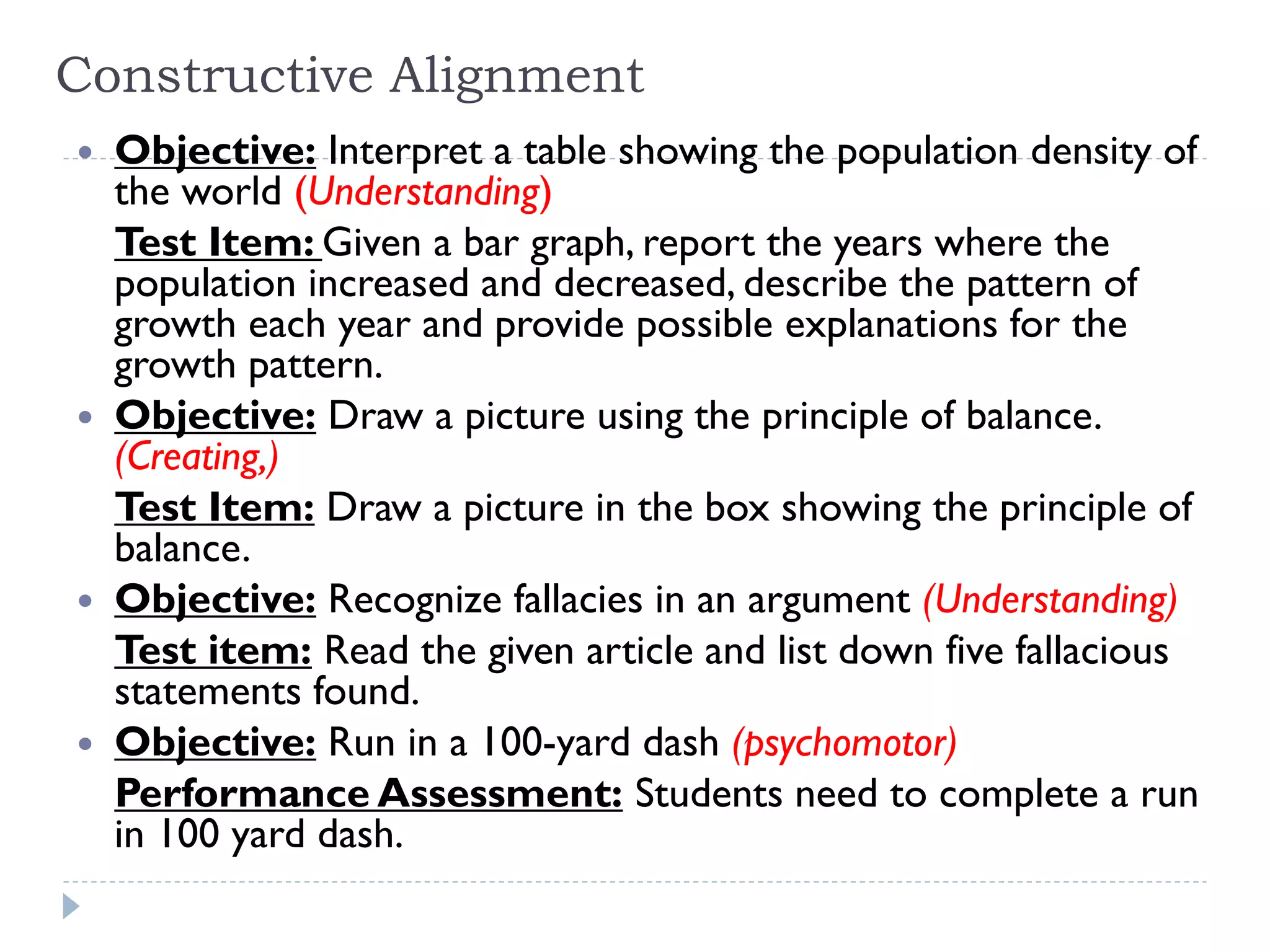 Constructive Alignment
 Objective: Interpret a table showing the population density of
the world (Understanding)
Test Item: Given a bar graph, report the years where the
population increased and decreased, describe the pattern of
growth each year and provide possible explanations for the
growth pattern.
 Objective: Draw a picture using the principle of balance.
(Creating,)
Test Item: Draw a picture in the box showing the principle of
balance.
 Objective: Recognize fallacies in an argument (Understanding)
Test item: Read the given article and list down five fallacious
statements found.
 Objective: Run in a 100-yard dash (psychomotor)
Performance Assessment: Students need to complete a run
in 100 yard dash.
 