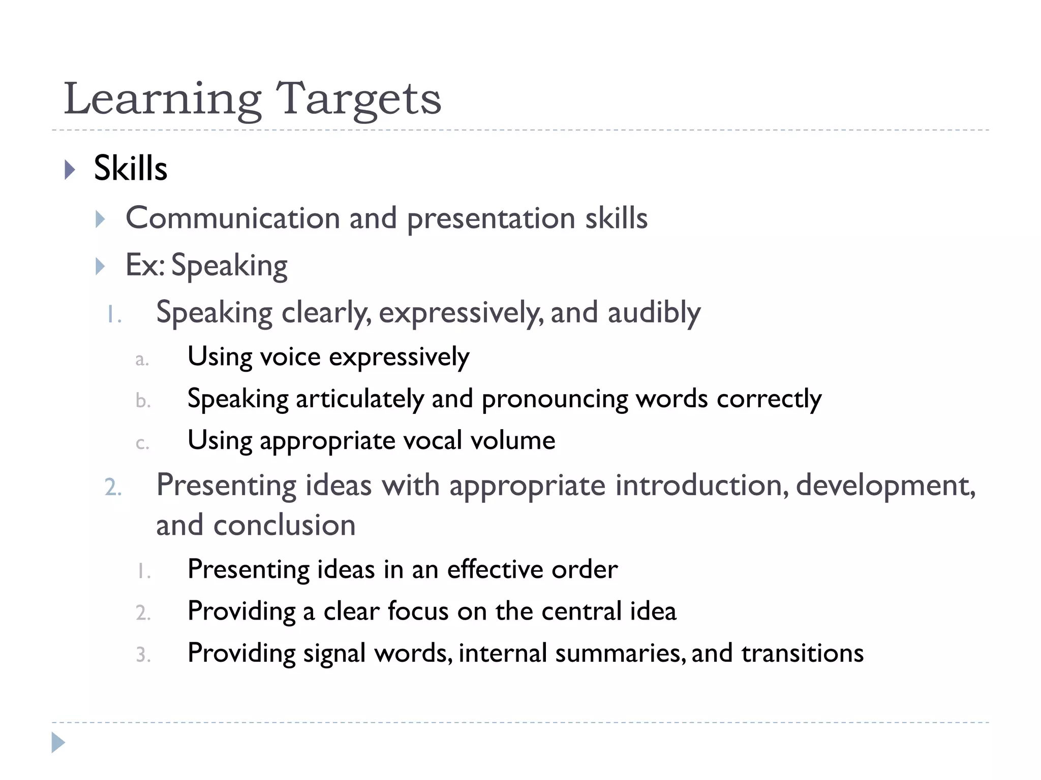 Learning Targets
 Skills
 Communication and presentation skills
 Ex: Speaking
1. Speaking clearly, expressively, and audibly
a. Using voice expressively
b. Speaking articulately and pronouncing words correctly
c. Using appropriate vocal volume
2. Presenting ideas with appropriate introduction, development,
and conclusion
1. Presenting ideas in an effective order
2. Providing a clear focus on the central idea
3. Providing signal words, internal summaries, and transitions
 