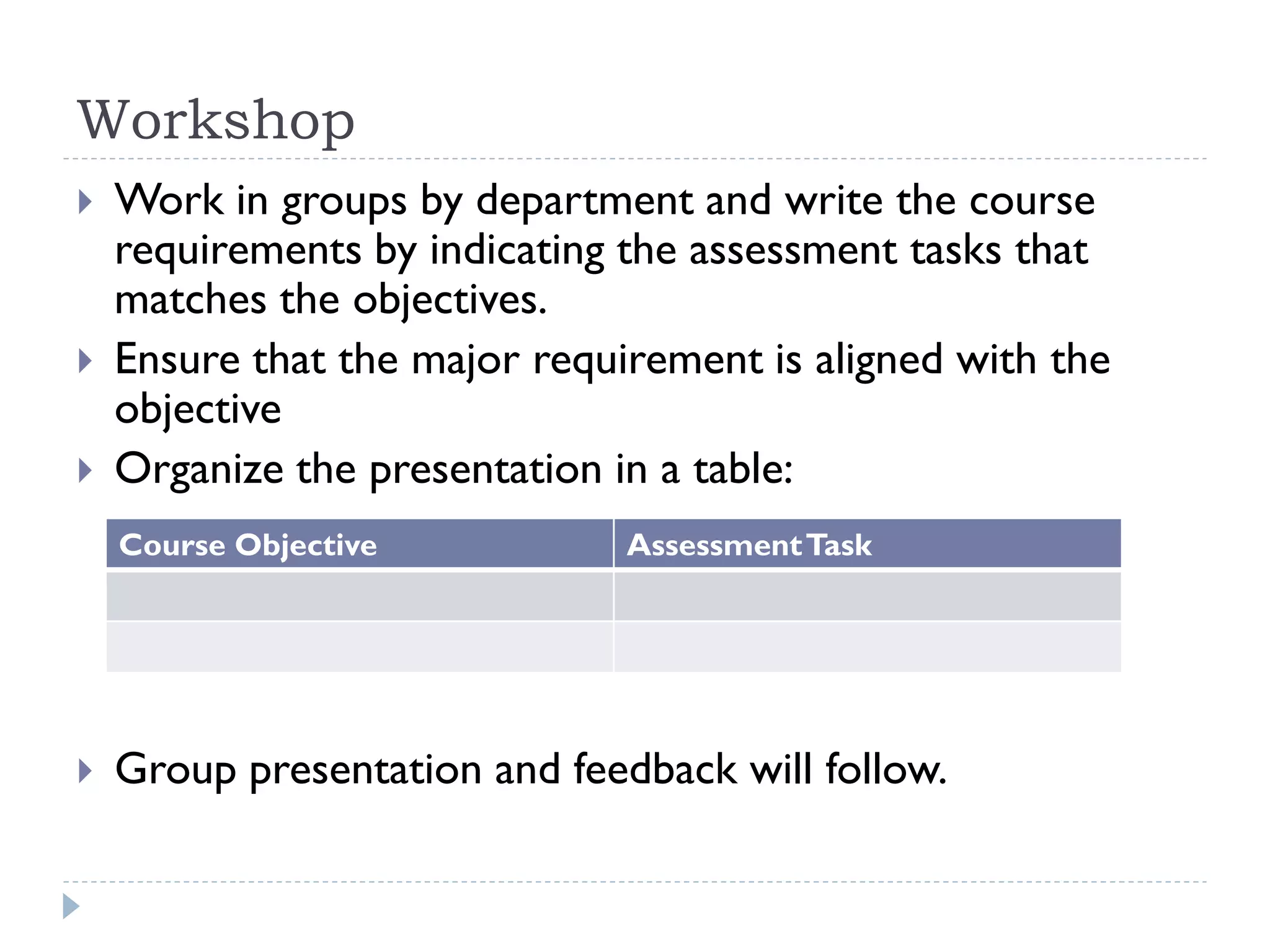 Workshop
 Work in groups by department and write the course
requirements by indicating the assessment tasks that
matches the objectives.
 Ensure that the major requirement is aligned with the
objective
 Organize the presentation in a table:
 Group presentation and feedback will follow.
Course Objective AssessmentTask
 
