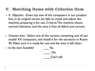 V. Matching Items with Criterion Item
 4. Objective: Given any one of the computers in our product
line, in its original carton, be able to install and adjust the
machine, preparing it for use. Criteria:The machine shows
normal indication, and the area is free of debris and cartons
 Criterion item: Select one of the cartons containing one of our
model XX computers, and install it for the secretary in Room
45. Make sure it is ready for use and the area is left clean.
 Is the item Suitable? ___Yes
____ No
____Can’t tell
 
