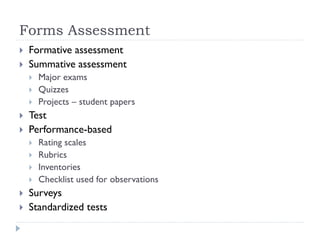 Forms Assessment
 Formative assessment
 Summative assessment
 Major exams
 Quizzes
 Projects – student papers
 Test
 Performance-based
 Rating scales
 Rubrics
 Inventories
 Checklist used for observations
 Surveys
 Standardized tests
 