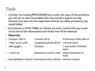 Task
 a) Under the heading PROCEDURE list in order the steps of the procedure
you will use to solve the problem.You may include a diagram to help
illustrate your plans for the experiment. Include any safety procedures you
would follow.
 b) Construct a DATA TABLE or indicate any other method that you could
use to record the observations and results that will be obtained.
 Materials
 2 beakers, 100 ml 1 burette, 50 ml 4 Erlenmeyer flasks, 250 ml
 1 filter funnel, small 1 graduated cylinder, 50 ml 1 burette stand
 safety goggles calculator 1 wash bottle of distilled
watre
 1 white tile hydrochloric acid, 0.1 mol/L sodium hydroxide, 0.1
mol/L
 phenolphthalein indicator bromothymol blue indicator unknown solution
 