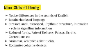 Micro- Skills of Listening
➢ Notice differences in the sounds of English
➢ Retain chunks of language
➢ Stressed and Unstre...