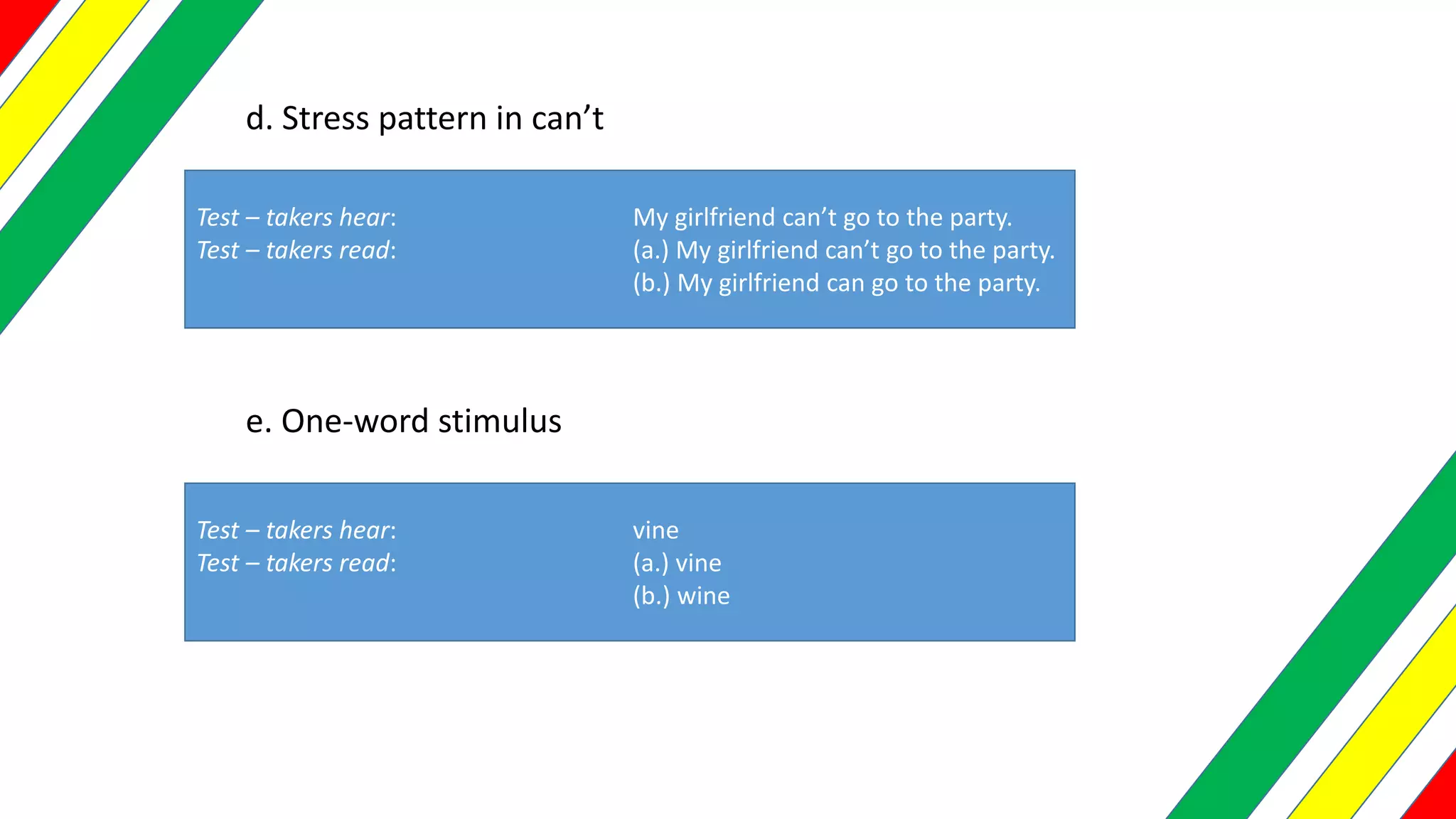d. Stress pattern in can’t
Test – takers hear: My girlfriend can’t go to the party.
Test – takers read: (a.) My girlfriend can’t go to the party.
(b.) My girlfriend can go to the party.
e. One-word stimulus
Test – takers hear: vine
Test – takers read: (a.) vine
(b.) wine
 