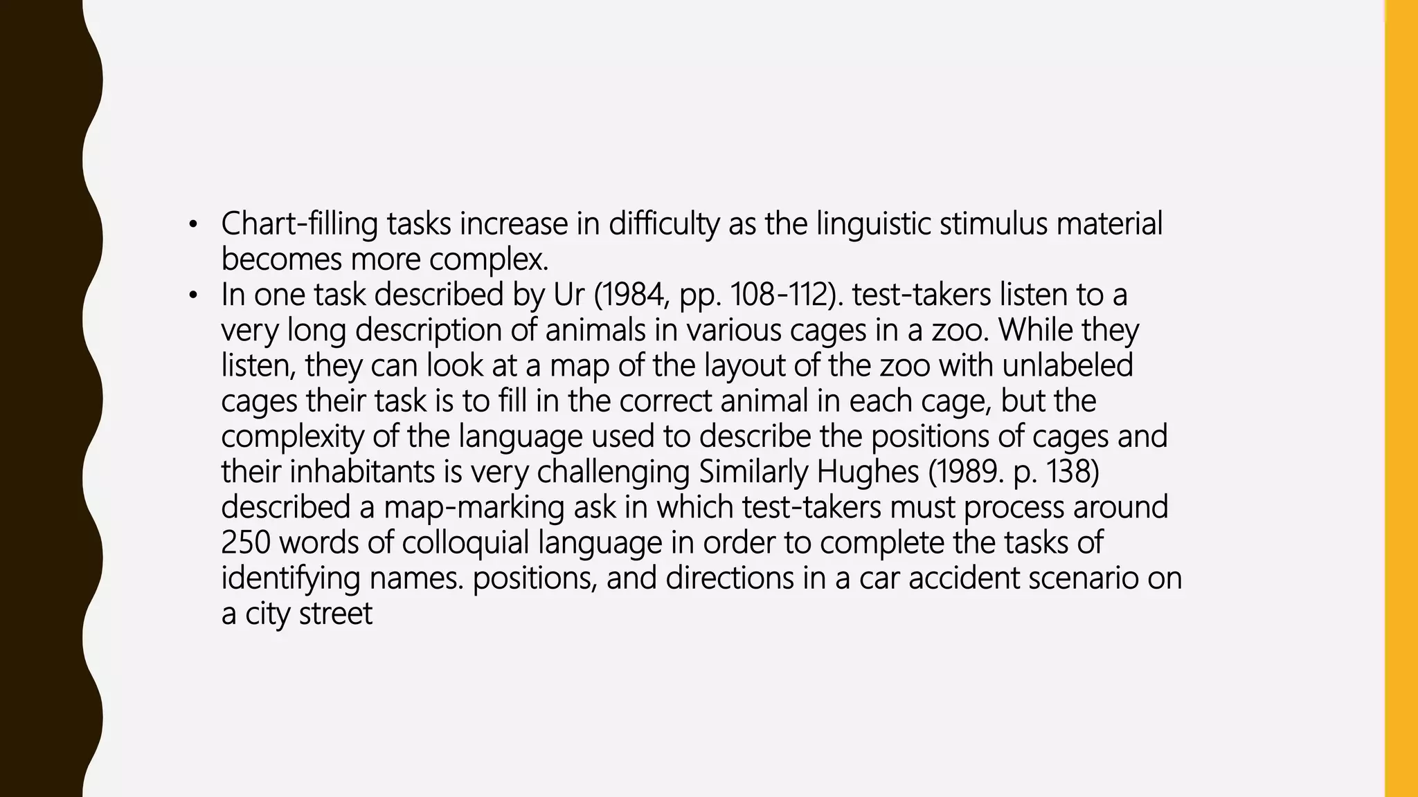 • Chart-filling tasks increase in difficulty as the linguistic stimulus material
becomes more complex.
• In one task described by Ur (1984, pp. 108-112). test-takers listen to a
very long description of animals in various cages in a zoo. While they
listen, they can look at a map of the layout of the zoo with unlabeled
cages their task is to fill in the correct animal in each cage, but the
complexity of the language used to describe the positions of cages and
their inhabitants is very challenging Similarly Hughes (1989. p. 138)
described a map-marking ask in which test-takers must process around
250 words of colloquial language in order to complete the tasks of
identifying names. positions, and directions in a car accident scenario on
a city street
 