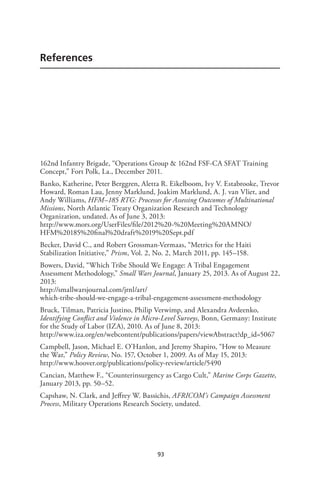 93
References
162nd Infantry Brigade, “Operations Group & 162nd FSF-CA SFAT Training
Concept,” Fort Polk, La., December 2011.
Banko, Katherine, Peter Berggren, Aletta R. Eikelboom, Ivy V. Estabrooke, Trevor
Howard, Roman Lau, Jenny Marklund, Joakim Marklund, A. J. van Vliet, and
Andy Williams, HFM–185 RTG: Processes for Assessing Outcomes of Multinational
Missions, North Atlantic Treaty Organization Research and Technology
Organization, undated. As of June 3, 2013:
http://www.mors.org/UserFiles/file/2012%20-%20Meeting%20AMNO/
HFM%20185%20final%20draft%2019%20Sept.pdf
Becker, David C., and Robert Grossman-Vermaas, “Metrics for the Haiti
Stabilization Initiative,” Prism, Vol. 2, No. 2, March 2011, pp. 145–158.
Bowers, David, “Which Tribe Should We Engage: A Tribal Engagement
Assessment Methodology,” Small Wars Journal, January 25, 2013. As of August 22,
2013:
http://smallwarsjournal.com/jrnl/art/
which-tribe-should-we-engage-a-tribal-engagement-assessment-methodology
Bruck, Tilman, Patricia Justino, Philip Verwimp, and Alexandra Avdeenko,
Identifying Conflict and Violence in Micro-Level Surveys, Bonn, Germany: Institute
for the Study of Labor (IZA), 2010. As of June 8, 2013:
http://www.iza.org/en/webcontent/publications/papers/viewAbstract?dp_id=5067
Campbell, Jason, Michael E. O’Hanlon, and Jeremy Shapiro, “How to Measure
the War,” Policy Review, No. 157, October 1, 2009. As of May 15, 2013:
http://www.hoover.org/publications/policy-review/article/5490
Cancian, Matthew F., “Counterinsurgency as Cargo Cult,” Marine Corps Gazette,
January 2013, pp. 50–52.
Capshaw, N. Clark, and Jeffrey W. Bassichis, AFRICOM’s Campaign Assessment
Process, Military Operations Research Society, undated.
 