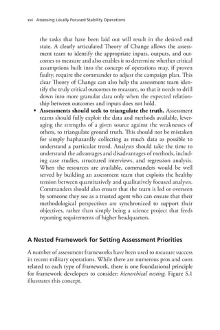 xvi Assessing Locally Focused Stability Operations
the tasks that have been laid out will result in the desired end
state. A clearly articulated Theory of Change allows the assess-
ment team to identify the appropriate inputs, outputs, and out-
comes to measure and also enables it to determine whether critical
assumptions built into the concept of operations may, if proven
faulty, require the commander to adjust the campaign plan. This
clear Theory of Change can also help the assessment team iden-
tify the truly critical outcomes to measure, so that it needs to drill
down into more granular data only when the expected relation-
ship between outcomes and inputs does not hold.
•	 Assessments should seek to triangulate the truth. Assessment
teams should fully exploit the data and methods available, lever-
aging the strengths of a given source against the weaknesses of
others, to triangulate ground truth. This should not be mistaken
for simply haphazardly collecting as much data as possible to
understand a particular trend. Analysts should take the time to
understand the advantages and disadvantages of methods, includ-
ing case studies, structured interviews, and regression analysis.
When the resources are available, commanders would be well
served by building an assessment team that exploits the healthy
tension between quantitatively and qualitatively focused analysts.
Commanders should also ensure that the team is led or overseen
by someone they see as a trusted agent who can ensure that their
methodological perspectives are synchronized to support their
objectives, rather than simply being a science project that feeds
reporting requirements of higher headquarters.
A Nested Framework for Setting Assessment Priorities
A number of assessment frameworks have been used to measure success
in recent military operations. While there are numerous pros and cons
related to each type of framework, there is one foundational principle
for framework developers to consider: hierarchical nesting. Figure S.1
illustrates this concept.
 