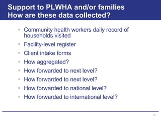 Support to PLWHA and/or families How are these data collected? Community health workers daily record of households visited Facility-level register  Client intake forms  How aggregated? How forwarded to next level? How forwarded to next level? How forwarded to national level? How forwarded to international level? 