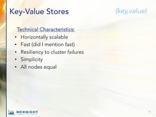 Key-Value Stores
Technical Characteristics:
• Horizontally scalable
• Fast (did I mention fast)
• Resiliency to cluster fa...