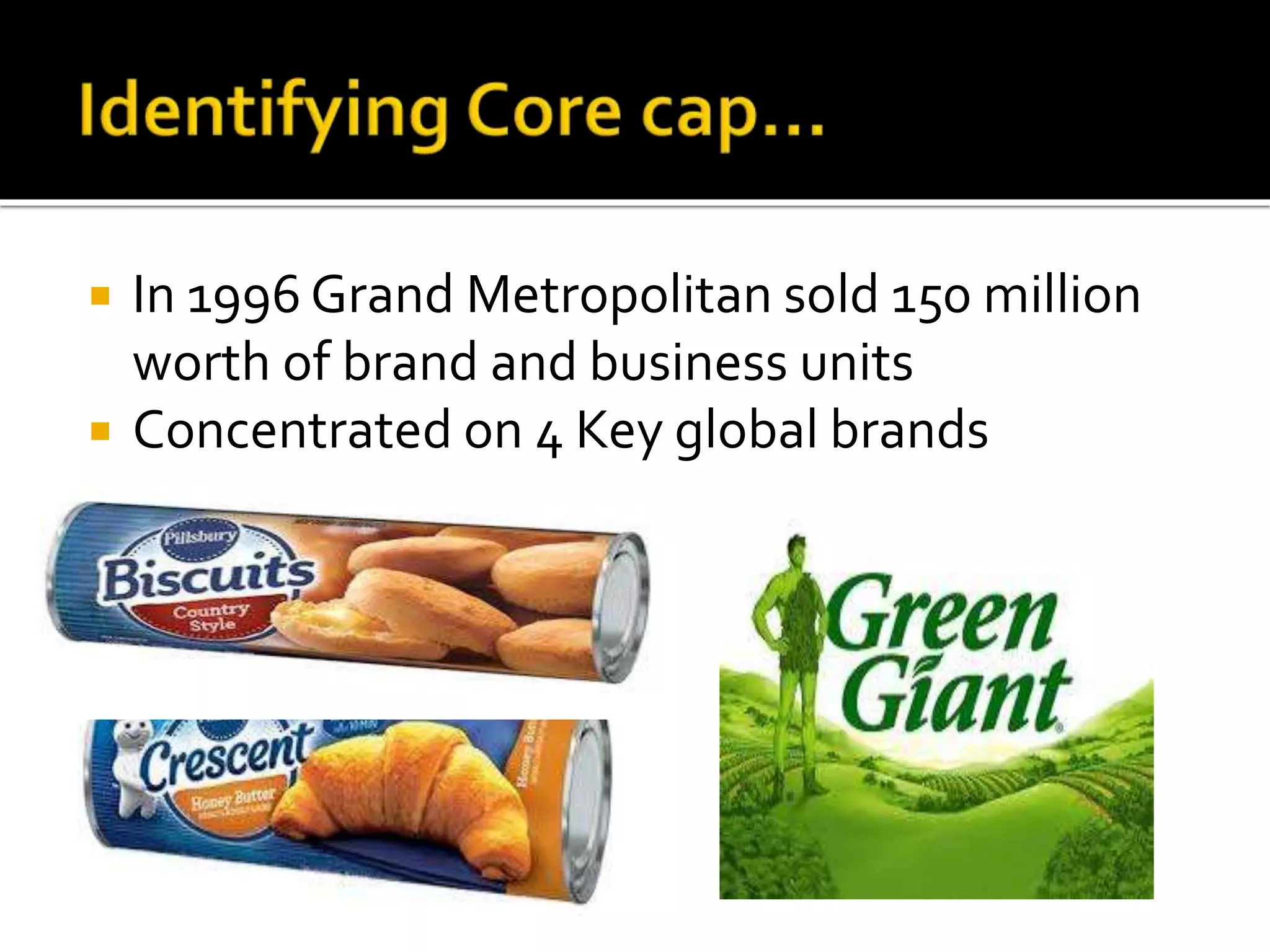  In 1996 Grand Metropolitan sold 150 million
worth of brand and business units
 Concentrated on 4 Key global brands
 