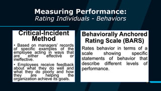 9
Measuring Performance:
Rating Individuals - Behaviors
Critical-Incident
Method
• Based on managers’ records
of specific examples of the
employee acting in ways that
are either effective or
ineffective.
• Employees receive feedback
about what they do well and
what they do poorly and how
they are helping the
organization achieve its goals.
Behaviorally Anchored
Rating Scale (BARS)
Rates behavior in terms of a
scale showing specific
statements of behavior that
describe different levels of
performance.
 