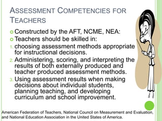 ASSESSMENT COMPETENCIES FOR
TEACHERS
 Constructed by the AFT, NCME, NEA:
 Teachers should be skilled in:
1. choosing assessment methods appropriate
for instructional decisions.
2. Administering, scoring, and interpreting the
results of both externally produced and
teacher produced assessment methods.
3. Using assessment results when making
decisions about individual students,
planning teaching, and developing
curriculum and school improvement.
American Federation of Teachers, National Council on Measurement and Evaluation,
and National Education Association in the United States of America.
 