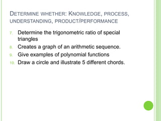 7. Determine the trigonometric ratio of special
triangles
8. Creates a graph of an arithmetic sequence.
9. Give examples of polynomial functions
10. Draw a circle and illustrate 5 different chords.
DETERMINE WHETHER: KNOWLEDGE, PROCESS,
UNDERSTANDING, PRODUCT/PERFORMANCE
 