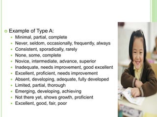  Example of Type A:
 Minimal, partial, complete
 Never, seldom, occasionally, frequently, always
 Consistent, sporadically, rarely
 None, some, complete
 Novice, intermediate, advance, superior
 Inadequate, needs improvement, good excellent
 Excellent, proficient, needs improvement
 Absent, developing, adequate, fully developed
 Limited, partial, thorough
 Emerging, developing, achieving
 Not there yet, shows growth, proficient
 Excellent, good, fair, poor
 