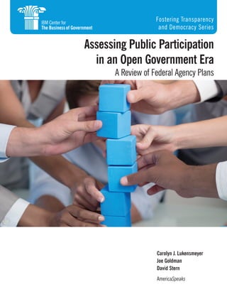 Fostering Transparency
                     and Democracy Series

Assessing Public Participation
  in an Open Government Era
       A Review of Federal Agency Plans




                    Carolyn J. Lukensmeyer
                    Joe Goldman
                    David Stern
                    AmericaSpeaks
 