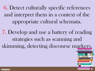 6. Detect culturally specific references
and interpret them in a context of the
appropriate cultural schemata.
7. Develop and use a battery of reading
strategies such as scanning and
skimming, detecting discourse markers.
 