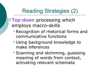 Reading Strategies (2)
 Top-down processing which
employs macro-skills
Recognition of rhetorical forms and
communicative functions
Using background knowledge to
make inferences
Scanning and skimming, guessing
meaning of words from context,
activating relevant schemata
 