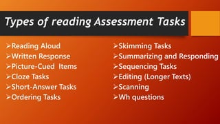 Reading Aloud
Written Response
Picture-Cued Items
Cloze Tasks
Short-Answer Tasks
Ordering Tasks
Skimming Tasks
Summarizing and Responding
Sequencing Tasks
Editing (Longer Texts)
Scanning
Wh questions
Types of reading Assessment Tasks
 