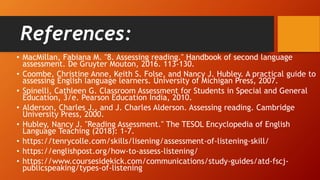 References:
• MacMillan, Fabiana M. "8. Assessing reading." Handbook of second language
assessment. De Gruyter Mouton, 2016. 113-130.
• Coombe, Christine Anne, Keith S. Folse, and Nancy J. Hubley. A practical guide to
assessing English language learners. University of Michigan Press, 2007.
• Spinelli, Cathleen G. Classroom Assessment for Students in Special and General
Education, 3/e. Pearson Education India, 2010.
• Alderson, Charles J., and J. Charles Alderson. Assessing reading. Cambridge
University Press, 2000.
• Hubley, Nancy J. "Reading Assessment." The TESOL Encyclopedia of English
Language Teaching (2018): 1-7.
• https://tenrycolle.com/skills/lisening/assessment-of-listening-skill/
• https://englishpost.org/how-to-assess-listening/
• https://www.coursesidekick.com/communications/study-guides/atd-fscj-
publicspeaking/types-of-listening
 