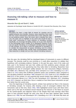 Assessing Risk-Taking What To Measure And How To Measure It | PDF