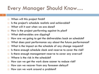 Every Manager Should Know…
5
 When will this project finish?
 Is the project’s schedule realistic and achievable?
 What...