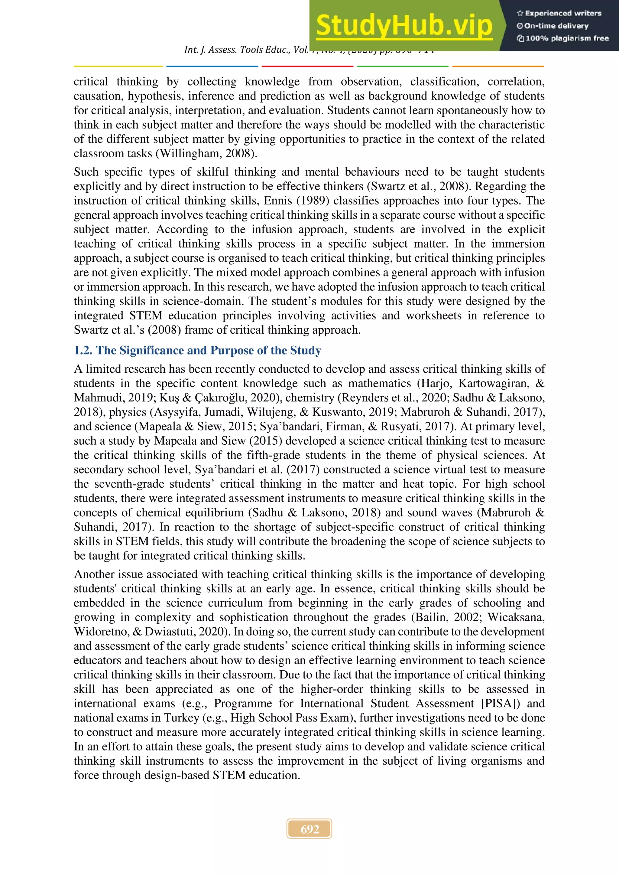 Assessing Science Critical Thinking Skills Of Fifth Graders Through ...