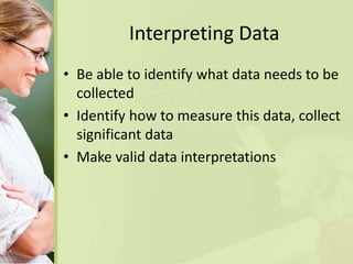 Interpreting Data
• Be able to identify what data needs to be
collected
• Identify how to measure this data, collect
significant data
• Make valid data interpretations
 