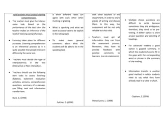 How teachers must assess listening
comprehension.
 The teacher must give the listener
some task. Based on the
performance of the test taker the
teacher makes an inference of the
level of listening comprehension.
 Listening takes place for different
purposes. Listening comprehension
is an inferential process so it is
quite possible that people interpret
differently the same text.
 Teachers must decide the type of
interactiveness in the test
(Interactive or Non-interactive).
 Teachers should use the following
item tasks to assess listening:
dictation, statement evaluation
activities, pictures, comprehension
questions, summary of a passage,
gap filling task and information
transfer item.
Buck, G. (1998)
is when different raters can
agree with each other when
marking or grading.
 What is speaking and what we
want to assess have to be explicit
in the rating scale.
 To make more general
comments about what the
students will be able to do in the
speaking task.
Fulcher, G. (1998)
with other teachers of the
department, in order to share
pieces of writing and discuss
them. In this way, the
assessment will be not only
reliable but also valid.
 Teachers must get all
information they can from
the assessment process.
Moreover, they have to
provide feedback with
positive comments to
learners. (can do statements)
Hamp-Lyons, L. (1998)
 Multiple choice questions are
difficult to write because
sometimes they are ambiguous;
therefore, they need to be pre-
testing. A better option is short
answer question and selecting of
headings.
 For advanced readers a good
option is gapped summary, in
which the students have to fill in
the gaps with the corresponding
word or phrase in the summary
of the reading.
 Information transfer is another
good method in which students
need to say what they have
already read in a table or chart.
Clapham, C. (1998)
 