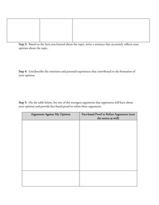 Step 3: Based on the facts you learned about the topic, write a sentence that accurately reflects your
opinion about the topic.




Step 4: List/describe the emotions and personal experiences that contributed to the formation of
your opinion.




Step 5: On the table below, list two of the strongest arguments that opponents will have about
your opinion and provide fact-based proof to refute these arguments.

          Arguments Against My Opinion               Fact-based Proof to Refute Arguments (note
                                                                 the source as well)
 