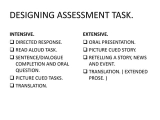 DESIGNING ASSESSMENT TASK.
INTENSIVE.
 DIRECTED RESPONSE.
 READ ALOUD TASK.
 SENTENCE/DIALOGUE
COMPLETION AND ORAL
QUESTION.
 PICTURE CUED TASKS.
 TRANSLATION.
EXTENSIVE.
 ORAL PRESENTATION.
 PICTURE CUED STORY.
 RETELLING A STORY, NEWS
AND EVENT.
 TRANSLATION. ( EXTENDED
PROSE. )
 