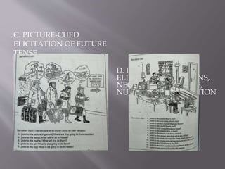 C. PICTURE-CUED
ELICITATION OF FUTURE
TENSE
D. PICTURE-CUED
ELICITATION OF NOUNS,
NEGATIVE RESPONSES,
NUMBERS AND LOCATION
 