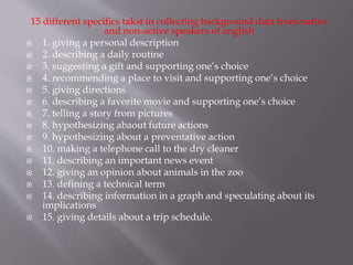 15 different specifics takst in collecting background data from native
and non-active speakers of english
 1. giving a personal description
 2. describing a daily routine
 3. suggesting a gift and supporting one’s choice
 4. recommending a place to visit and supporting one’s choice
 5. giving directions
 6. describing a favorite movie and supporting one’s choice
 7. telling a story from pictures
 8. hypothesizing abaout future actions
 9. hypothesizing about a preventative action
 10. making a telephone call to the dry cleaner
 11. describing an important news event
 12. giving an opinion about animals in the zoo
 13. defining a technical term
 14. describing information in a graph and speculating about its
implications
 15. giving details about a trip schedule.
 