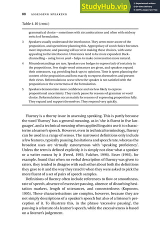 Table 4.10 (cont.)
grammatical choice – sometimes with circumlocutions and often with midway
switch of formulation.
3 Speakers usually understand the interlocutor. They seem more aware of the
proposition, and spend time planning this. Appropriacy of word choice becomes
more important, and pausing will occur in making these choices, with some
appealing to the interlocutor. Utterances tend to be more expanded. Back-
channelling – using hm or yeah – helps to make conversation more natural.
4 Misunderstandings are rare. Speakers use hedges to express lack of certainty in
the propositions. Few single-word utterances are given, and speakers expand
their utterances, e.g. providing back-ups to opinions. Time is spent planning the
content of the proposition and how exactly to express themselves and present
their views. Reformulations occur when the speaker is not satisfied with the
proposition or the correctness of the formulation.
5 Speakers demonstrate more confidence and are less likely to express
propositional uncertainty. They rarely pause for reasons of grammar or word
choice. Reformulations occur mainly for reasons of expressing proposition fully.
They expand and support themselves. They respond very quickly.
Fluency is a thorny issue in assessing speaking. This is partly because
the word ‘fluency’ has a general meaning, as in ‘she is fluent in five lan-
guages’, and a technical meaning when applied linguists use it to charac-
terise a learner’s speech. However, even in technical terminology, fluency
can be used in a range of senses. The narrowest definitions only include
a few features, typically pausing, hesitations and speech rate, whereas the
broadest uses are virtually synonymous with ‘speaking proficiency’.
Unless the term is defined explicitly, it is simply not clear what a speaker
or a writer means by it (Freed, 1995; Fulcher, 1996). Esser (1995), for
example, found that when no verbal description of fluency was given to
raters, they tended to disagree with each other about both the definitions
they gave to it and the way they rated it when they were asked to pick the
more fluent of a set of pairs of speech samples.
Definitions of fluency often include references to flow or smoothness,
rate of speech, absence of excessive pausing, absence of disturbing hesi-
tation markers, length of utterances, and connectedness (Koponen,
1995). These characterisations are complex, however, because they are
not simply descriptions of a speaker’s speech but also of a listener’s per-
ception of it. To illustrate this, in the phrase ‘excessive pausing’, the
pausing is a feature of a learner’s speech, while the excessiveness is based
on a listener’s judgement.
88  
 