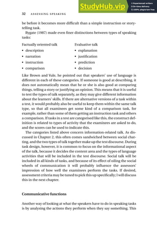 be before it becomes more difficult than a simple instruction or story-
telling task.
Bygate (1987) made even finer distinctions between types of speaking
tasks:
Factually oriented talk Evaluative talk
• description • explanation
• narration • justification
• instruction • prediction
• comparison • decision
Like Brown and Yule, he pointed out that speakers’ use of language is
different in each of these categories. If someone is good at describing, it
does not automatically mean that he or she is also good at comparing
things, telling a story or justifying an opinion. This means that it is useful
to test the types of talk separately, as they may give different information
about the learners’ skills. If there are alternative versions of a task within
a test, it would probably also be useful to keep them within the same talk
type, so that all examinees get some kind of a comparison task, for
example, rather than some of them getting an instruction task and others
a comparison. If tasks in a test are categorised like this, the construct def-
inition is related to types of activity that the examinees are asked to do,
and the scores can be used to indicate this.
The categories listed above concern information-related talk. As dis-
cussed in Chapter 2, this often comes sandwiched between social chat-
ting, and the two types of talk together make up the test discourse. During
task design, however, it is common to focus on the informational aspect
of the talk, because it decides the content area and the types of language
activities that will be included in the test discourse. Social talk will be
included in all kinds of tasks, and because of its effect of oiling the social
wheels of communication it will probably influence the assessors’
impression of how well the examinees perform the tasks. If desired,
assessment criteria may be tuned to pick this up specifically; I will discuss
this in the next chapter.
Communicative functions
Another way of looking at what the speakers have to do in speaking tasks
is by analysing the actions they perform when they say something. This
32  
 