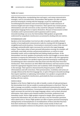 66  
Table 4.2 (cont.)
difficulty linking ideas, manipulating time and aspect, and using communicative
strategies, such as circumlocution. Intermediate-Mid speakers are able to express
personal meaning by creating with the language, in part by combining and
recombining known elements and conversational input to make utterances of
sentence length and some strings of sentences. Their speech may contain pauses,
reformulations and self-corrections as they search for adequate vocabulary and
appropriate language forms to express themselves. Because of inaccuracies in their
vocabulary and/or pronunciation and/or grammar and/or syntax,
misunderstandings can occur, but Intermediate-Mid speakers are generally
understood by sympathetic interlocutors accustomed to dealing with non-natives.
INTERMEDIATE LOW
Speakers at the Intermediate-Low level are able to handle successfully a limited
number of uncomplicated communicative tasks by creating with the language in
straightforward social situations. Conversation is restricted to some of the concrete
exchanges and predictable topics necessary for survival in the target language
culture. These topics relate to basic personal information covering, for example, self
and family, some daily activities and personal preferences, as well as to some
immediate needs, such as ordering food and making simple purchases. At the
Intermediate-Low level, speakers are primarily reactive and struggle to answer direct
questions or requests for information, but they are also able to ask a few appropriate
questions. Intermediate-Low speakers express personal meaning by combining and
recombining into short statements what they know and what they hear from their
interlocutors. Their utterances are often filled with hesitancy and inaccuracies as they
search for appropriate linguistic forms and vocabulary while attempting to give form
to the message. Their speech is characterized by frequent pauses, ineffective
reformulations and self-corrections. Their pronunciation, vocabulary and syntax are
strongly influenced by their first language but, in spite of frequent misunderstandings
that require repetition or rephrasing, Intermediate-Low speakers can generally be
understood by sympathetic interlocutors, particularly by those accustomed to
dealing with non-natives.
NOVICE HIGH
Speakers at the Novice-High level are able to handle a variety of tasks pertaining to
the Intermediate level, but are unable to sustain performance at that level. They are
able to manage successfully a number of uncomplicated communicative tasks in
straightforward social situations. Conversation is restricted to a few of the predictable
topics necessary for survival in the target language culture, such as basic personal
information, basic objects and a limited number of activities, preferences and
immediate needs. Novice-High speakers respond to simple, direct questions or
requests for information; they are able to ask only a very few formulaic questions
when asked to do so. Novice-High speakers are able to express personal meaning by
relying heavily on learned phrases or recombinations of these and what they hear
from their interlocutor. Their utterances, which consist mostly of short and
sometimes incomplete sentences in the present, may be hesitant or inaccurate. On
 