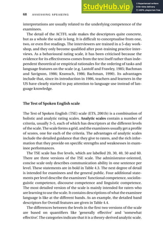 interpretations are usually related to the underlying competence of the
examinees.
The detail of the ACTFL scale makes the descriptors quite concrete,
but as a whole the scale is long. It is difficult to conceptualise from one,
two, or even five readings. The interviewers are trained in a 5-day work-
shop, and they only become qualified after post-training practice inter-
views. As a behavioural rating scale, it has been criticised because the
evidence for its effectiveness comes from the test itself rather than inde-
pendent theoretical or empirical rationales for the ordering of tasks and
language features on the scale (e.g. Lantolf and Frawley, 1985; Bachman
and Savignon, 1986; Kramsch, 1986; Bachman, 1990). Its advantages
include that, since its introduction in 1986, teachers and learners in the
US have clearly started to pay attention to language use instead of lan-
guage knowledge.
The Test of Spoken English scale
The Test of Spoken English (TSE) scale (ETS, 2001b) is a combination of
holistic and analytic rating scales. Analytic scales contain a number of
criteria, usually 3–5, each of which has descriptors at the different levels
of the scale.The scale forms a grid, and the examinees usually get a profile
of scores, one for each of the criteria. The advantages of analytic scales
include the detailed guidance that they give to raters, and the rich infor-
mation that they provide on specific strengths and weaknesses in exam-
inee performances.
The TSE scale has five levels, which are labelled 20, 30, 40, 50 and 60.
There are three versions of the TSE scale. The administrator-oriented,
concise scale only describes communication ability in one sentence per
level. These statements are in bold in Table 4.3. The next degree of detail
is intended for examinees and the general public. Four additional state-
ments per level describe the examinees’ functional competence, sociolin-
guistic competence, discourse competence and linguistic competence.
The most detailed version of the scale is mainly intended for raters who
are learning to use the scale. It contains descriptions of what the examinee
language is like at the different bands. As an example, the detailed band
descriptors for Overall features are given in Table 4.4.
The differences between the levels in the first two versions of the scale
are based on quantifiers like ‘generally effective’ and ‘somewhat
effective’. The categories indicate that it is a theory-derived analytic scale.
68  
 